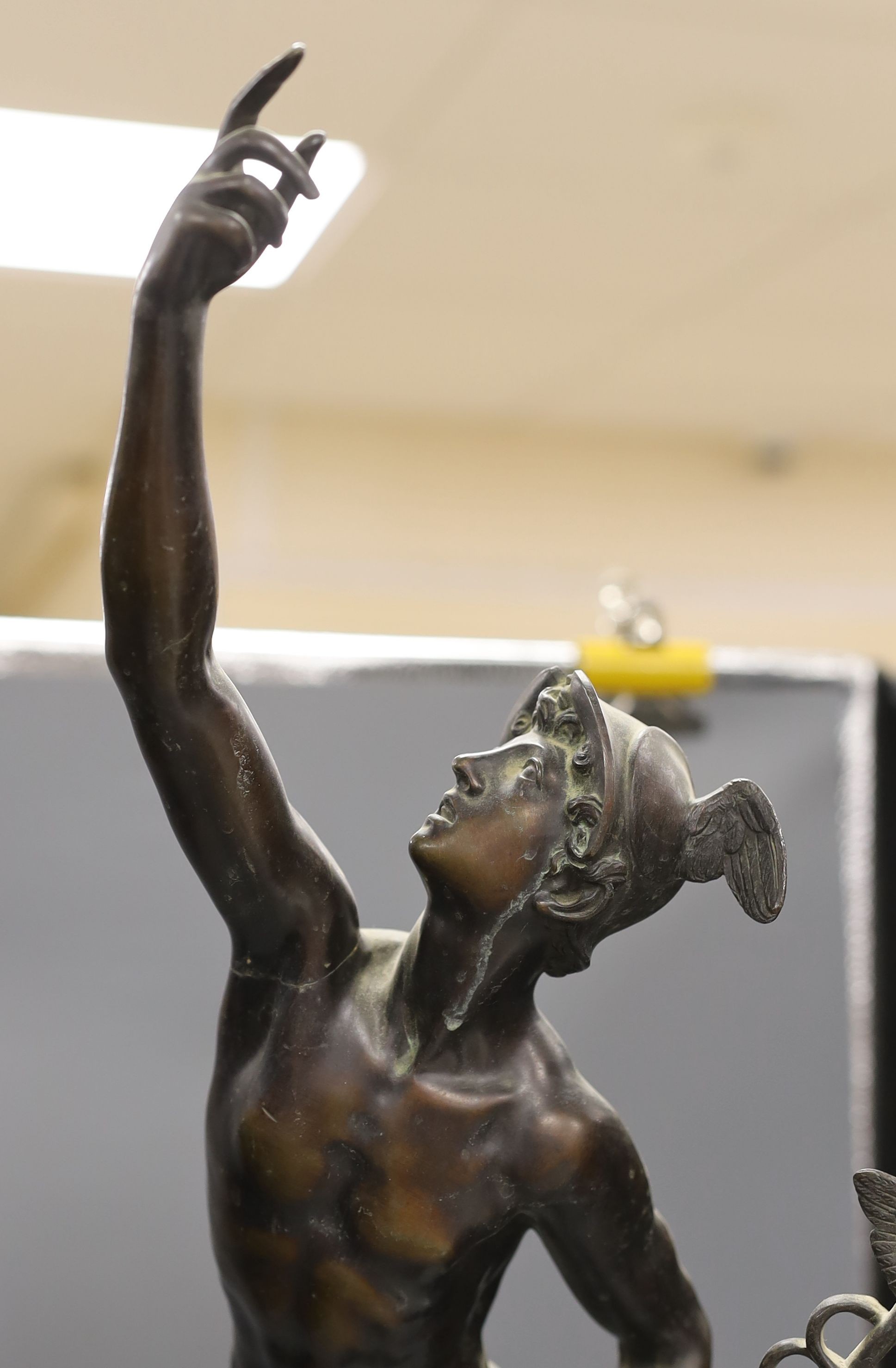 A large late 19th century bronze figure of Mercury, 79 cms high.